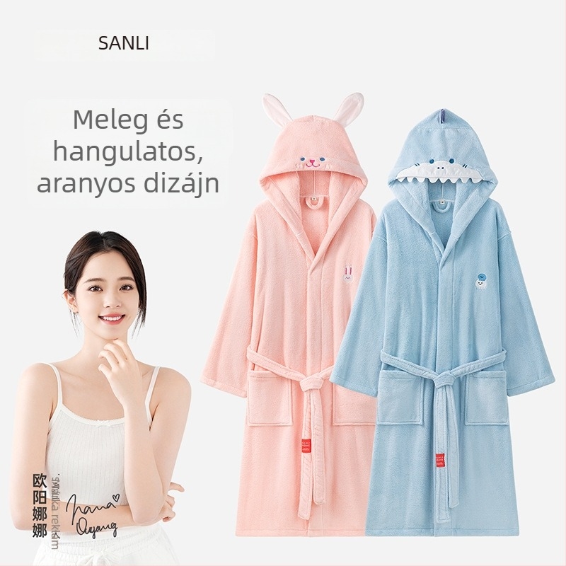 Sanli korall-fleece fürdőköntös kapucnival és törölközők készlet felnőtteknek és gyerekeknek