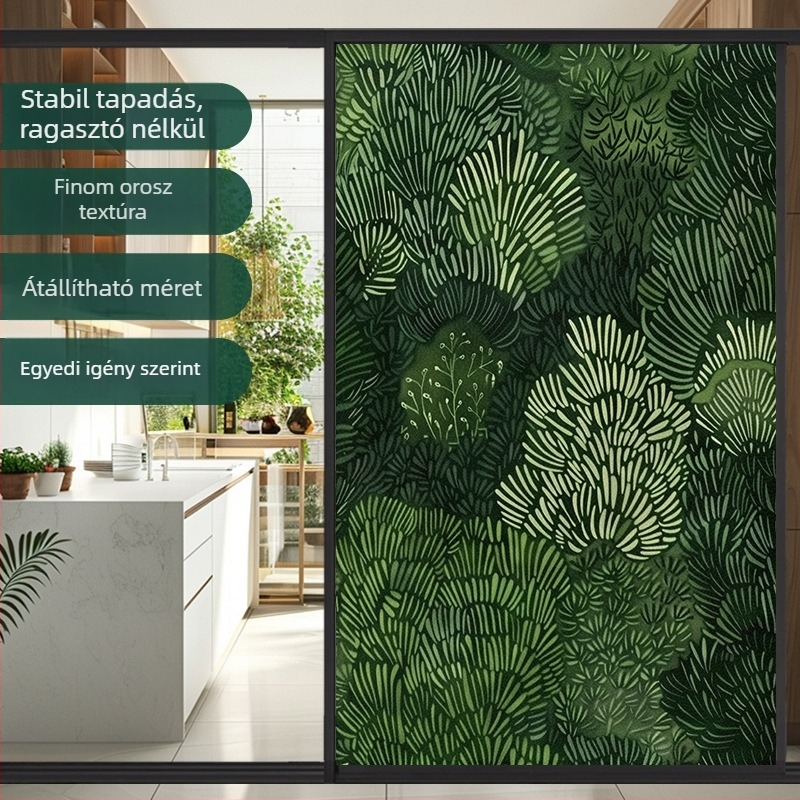 Üveg magánéletvédő fólia statikus tapadással – bambuszleveles minta, átlátszó, öntapadó PVC ablakfilm