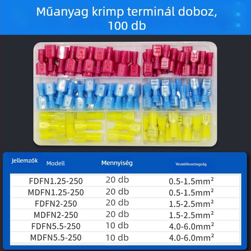 Rugós, férfi és női gyorscsatlakozók elektromos vezetékeléshez, krimpelés, 0.5-6 mm², csomagolási lehetőségek: 100 vagy 200 darab