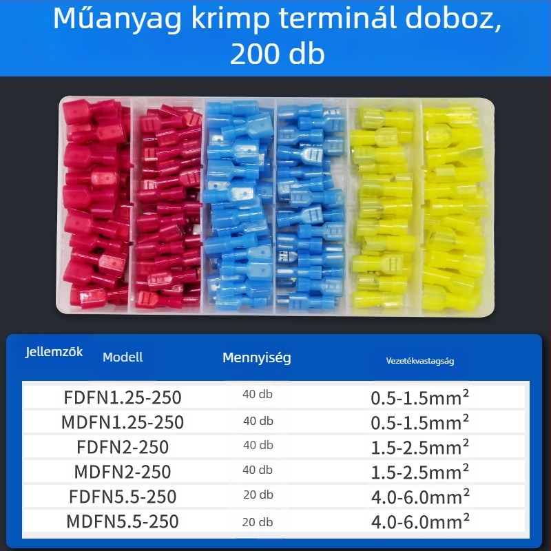 Rugós, férfi és női gyorscsatlakozók elektromos vezetékeléshez, krimpelés, 0.5-6 mm², csomagolási lehetőségek: 100 vagy 200 darab