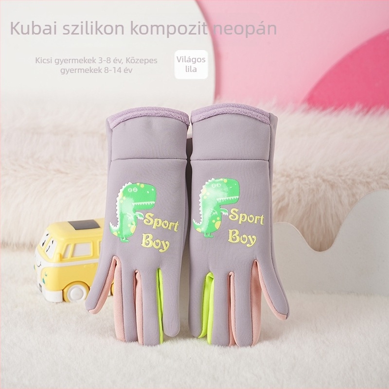 Gyerekeknek való síkesztyű Cartoon mintával, meleg velúr-pamut bélés, vízálló, érintésérzékeny kijelzőkkel kompatibilis