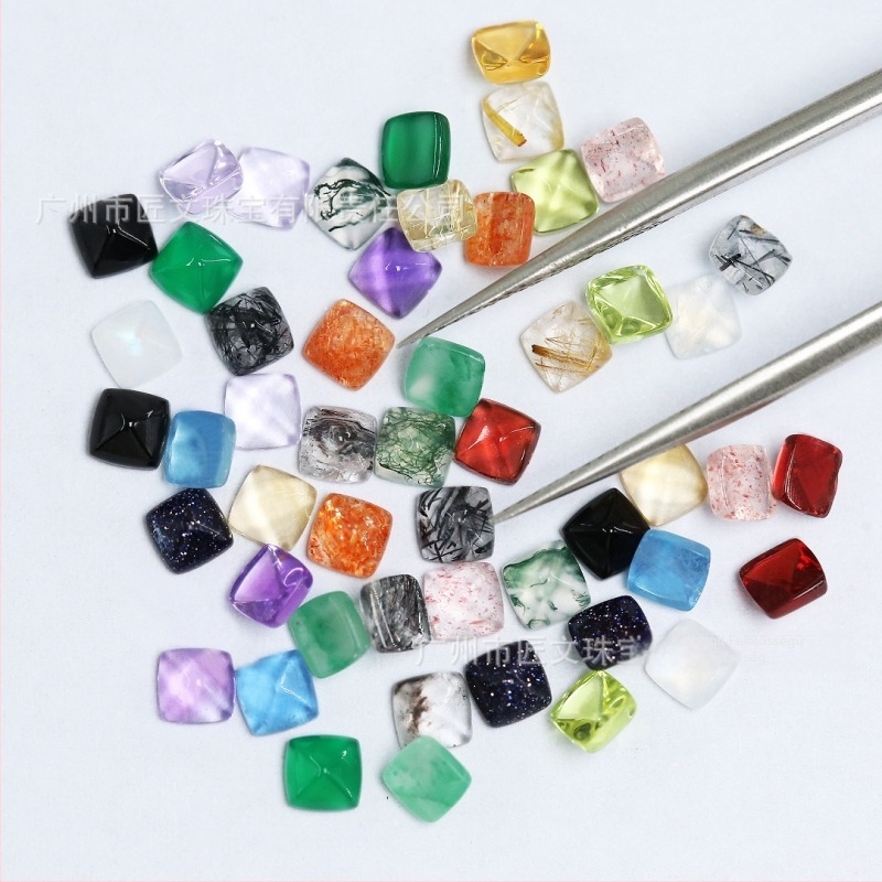 Gránát, kék holdkő, rózsaszín turmalin és sárga kristály Sugar-Tower gyűrűfej, 4×4 mm, S925 ezüstbe foglalt kövek