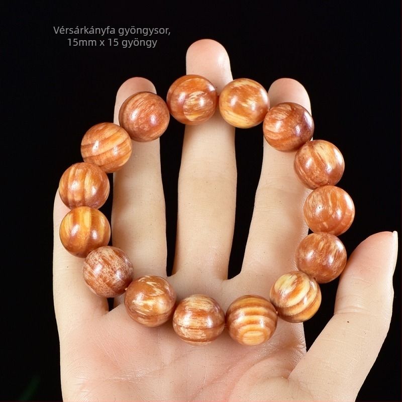 108 gyöngyös kínai stílusú karkötő Blood Dragon Woodból borostyán betétekkel