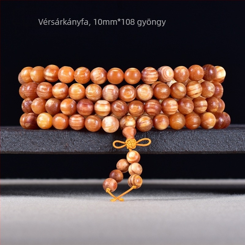 108 gyöngyös kínai stílusú karkötő Blood Dragon Woodból borostyán betétekkel