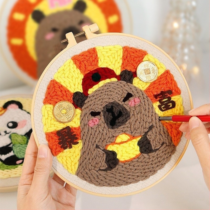 XIAOZ Punch Needle hímzőkészlet – DIY fonal készlet dekoratív díszekhez, aranyos stílus