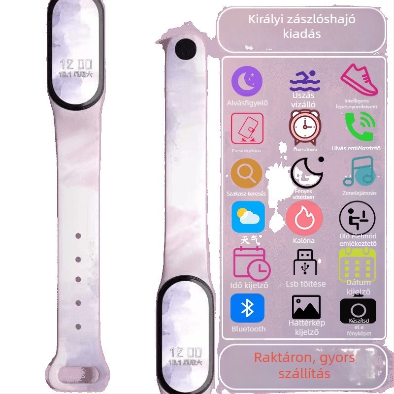 Gyerekeknek szánt okos karkötő – lépésszámláló, pulzusmérés, újratölthető, Android-kompatibilis, szilikon szíj, alumínium ötvözet tok