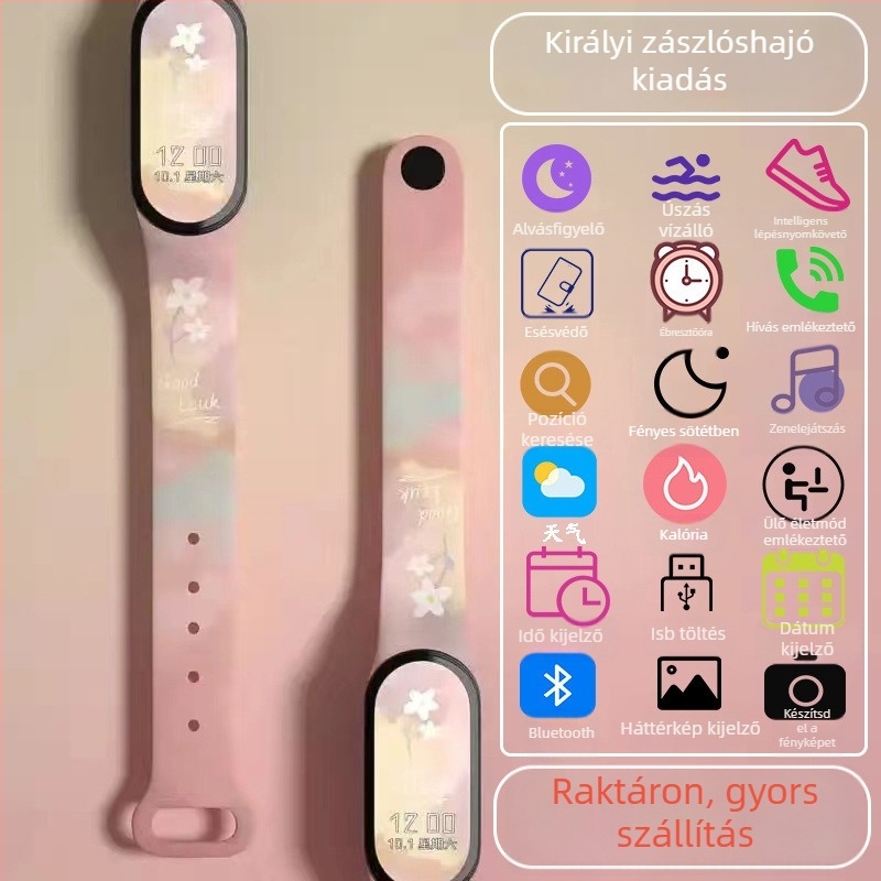 Gyerekeknek szánt okos karkötő – lépésszámláló, pulzusmérés, újratölthető, Android-kompatibilis, szilikon szíj, alumínium ötvözet tok