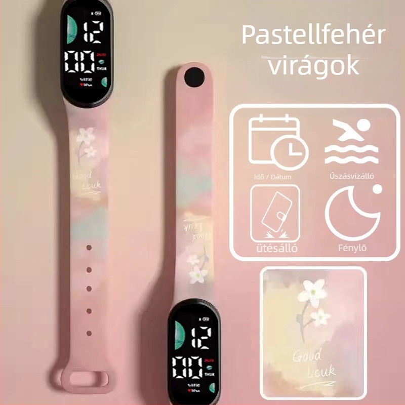 Gyerekeknek szánt okos karkötő – lépésszámláló, pulzusmérés, újratölthető, Android-kompatibilis, szilikon szíj, alumínium ötvözet tok