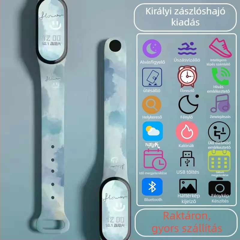 Gyerekeknek szánt okos karkötő – lépésszámláló, pulzusmérés, újratölthető, Android-kompatibilis, szilikon szíj, alumínium ötvözet tok