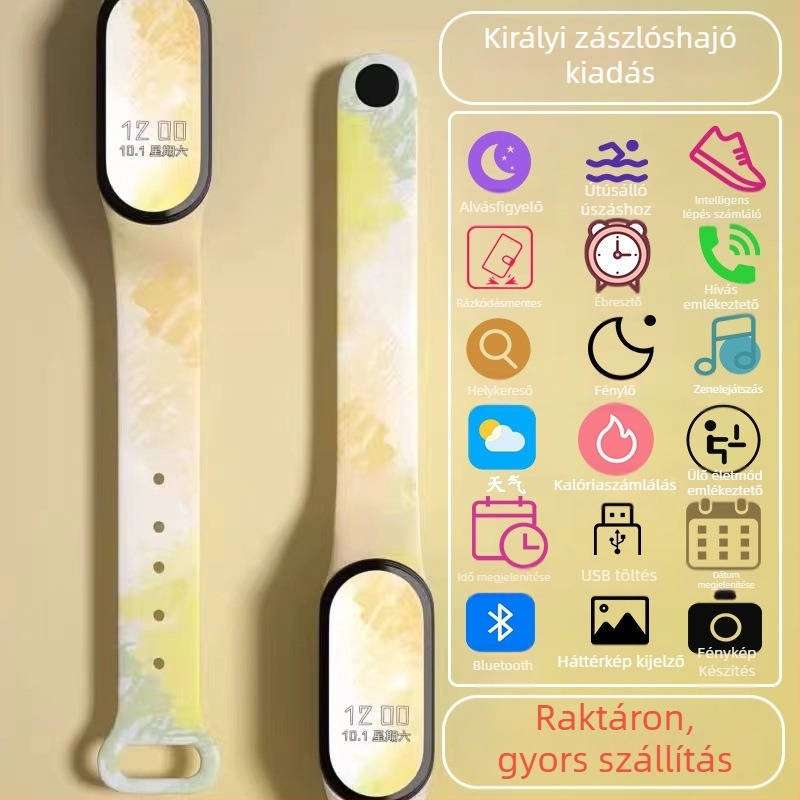 Gyerekeknek szánt okos karkötő – lépésszámláló, pulzusmérés, újratölthető, Android-kompatibilis, szilikon szíj, alumínium ötvözet tok