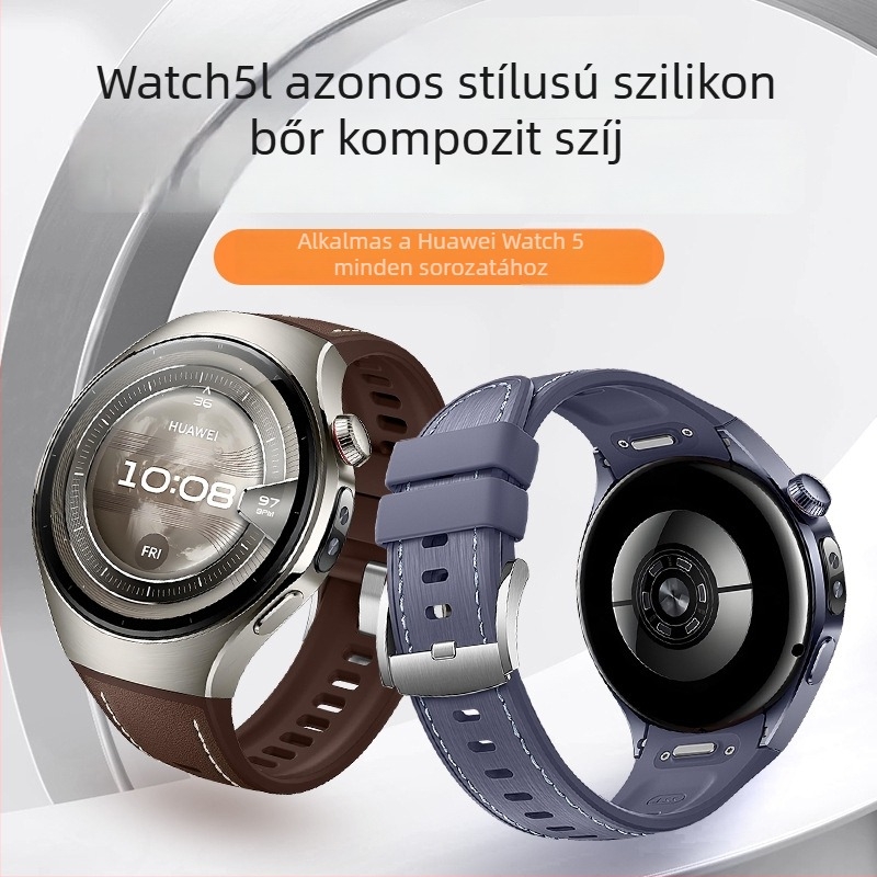 Huawei Watch5-höz készült bőrszilikon-kompozit szíj, push típusú csattal, divatos