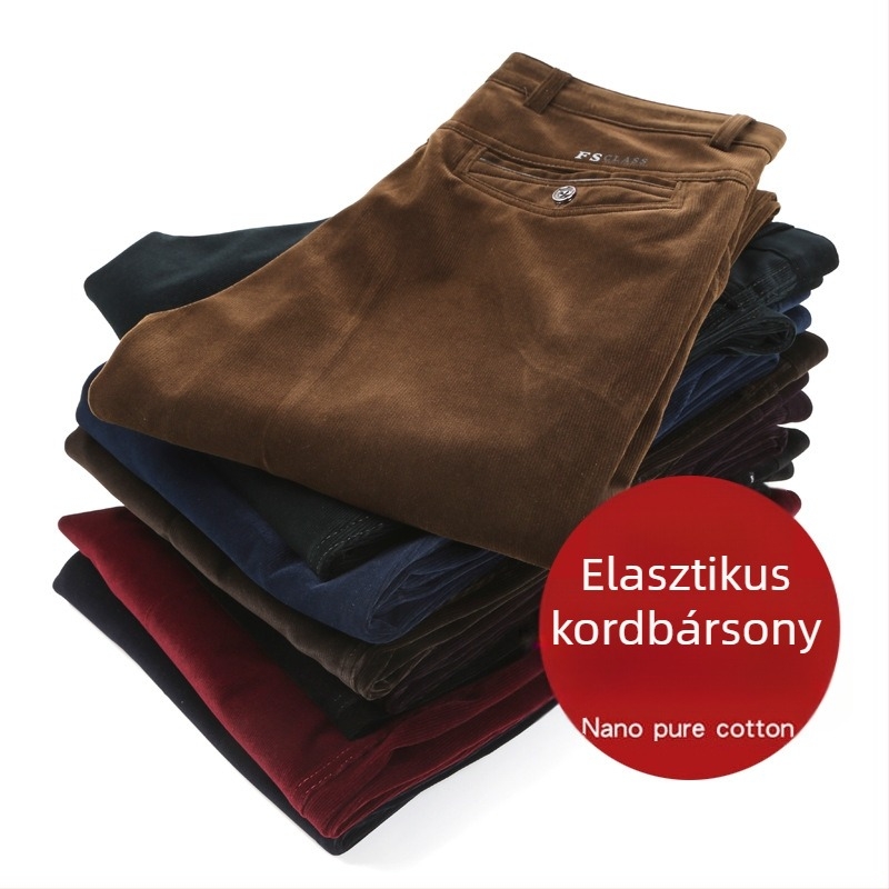 Férfi kordbársony nadrág fleece-sel bélelt, egyenes szabású, magas derék, téli viselet