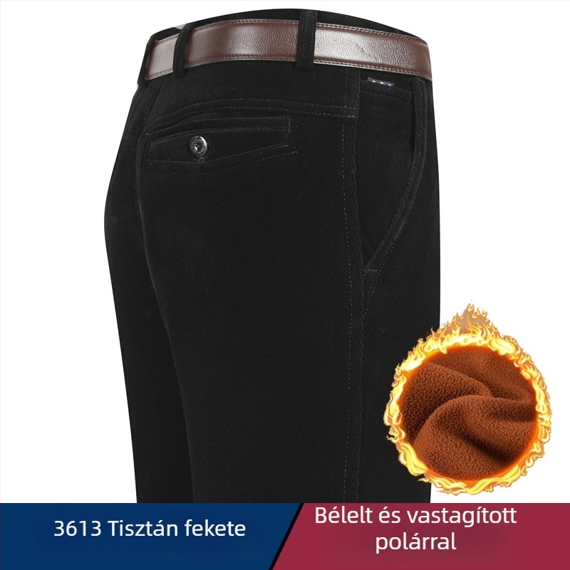 Férfi kordbársony nadrág fleece-sel bélelt, egyenes szabású, magas derék, téli viselet