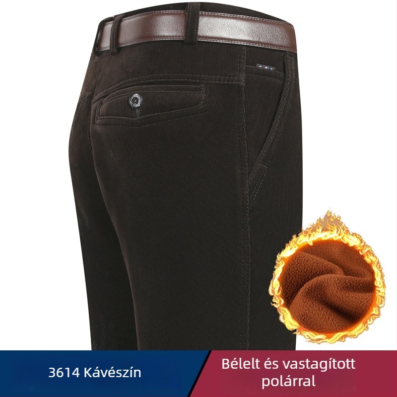 Férfi kordbársony nadrág fleece-sel bélelt, egyenes szabású, magas derék, téli viselet