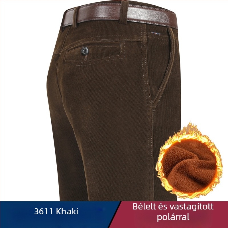 Férfi kordbársony nadrág fleece-sel bélelt, egyenes szabású, magas derék, téli viselet