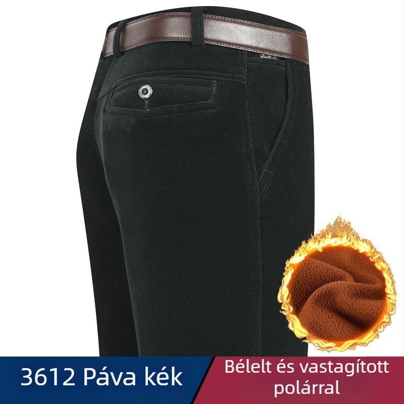 Férfi kordbársony nadrág fleece-sel bélelt, egyenes szabású, magas derék, téli viselet
