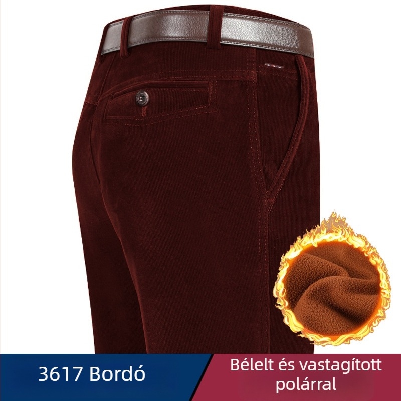 Férfi kordbársony nadrág fleece-sel bélelt, egyenes szabású, magas derék, téli viselet