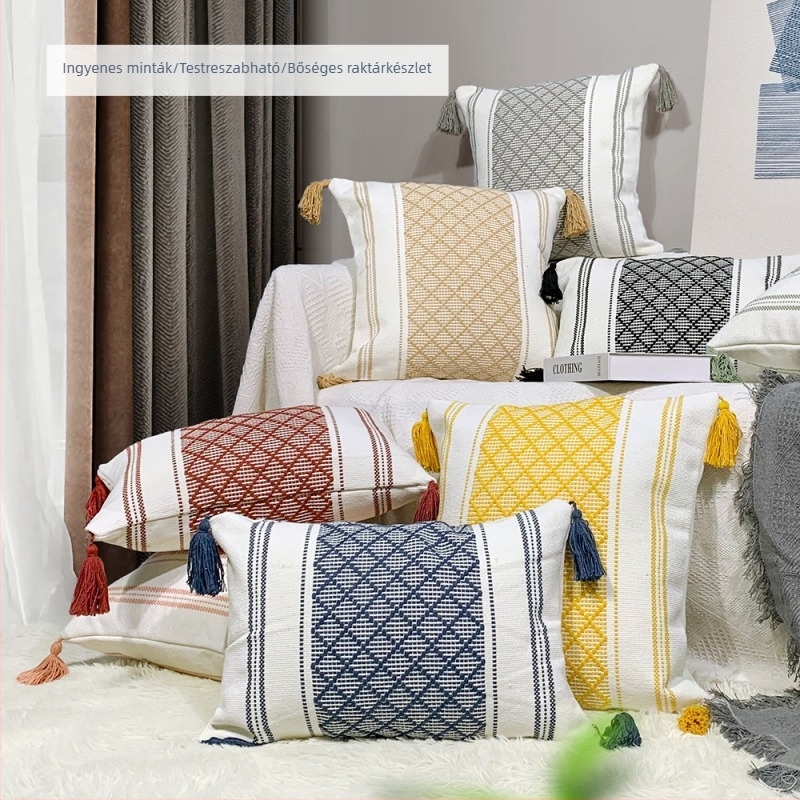 Jacquard bojtos párna – északi minimalist stílusú, vastag dekoratív kanapé párna, négyzet alakú, töltet PP gyapot