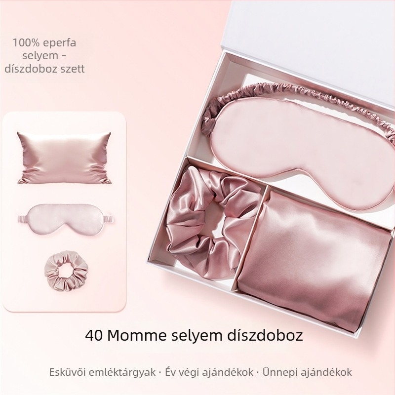 Prémium selyemből készült párnahuzat, szemmaszk és hajgumi — 100% mulberry selyem, három darabos ajándékkészlet
