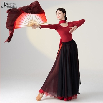 Kínai klasszikus népi tánc gyakorló kosztüm, hosszú lebegő ruha szett, Modal + Tencel Wrinkle szövet, 30% pamut