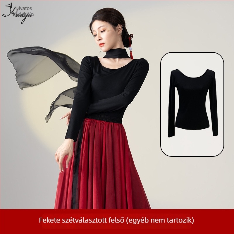 Kínai klasszikus népi tánc gyakorló kosztüm, hosszú lebegő ruha szett, Modal + Tencel Wrinkle szövet, 30% pamut