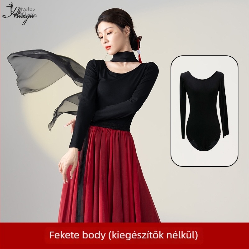 Kínai klasszikus népi tánc gyakorló kosztüm, hosszú lebegő ruha szett, Modal + Tencel Wrinkle szövet, 30% pamut