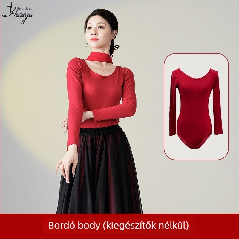 Kínai klasszikus népi tánc gyakorló kosztüm, hosszú lebegő ruha szett, Modal + Tencel Wrinkle szövet, 30% pamut