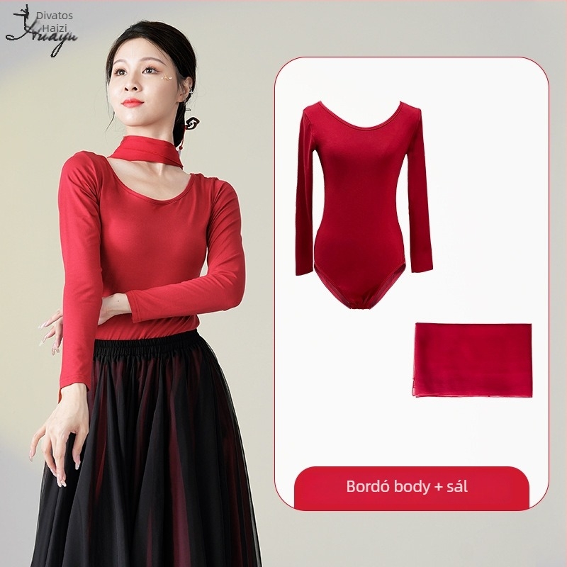 Kínai klasszikus népi tánc gyakorló kosztüm, hosszú lebegő ruha szett, Modal + Tencel Wrinkle szövet, 30% pamut