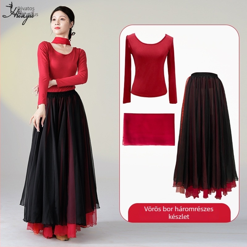 Kínai klasszikus népi tánc gyakorló kosztüm, hosszú lebegő ruha szett, Modal + Tencel Wrinkle szövet, 30% pamut