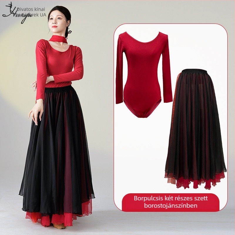 Kínai klasszikus népi tánc gyakorló kosztüm, hosszú lebegő ruha szett, Modal + Tencel Wrinkle szövet, 30% pamut