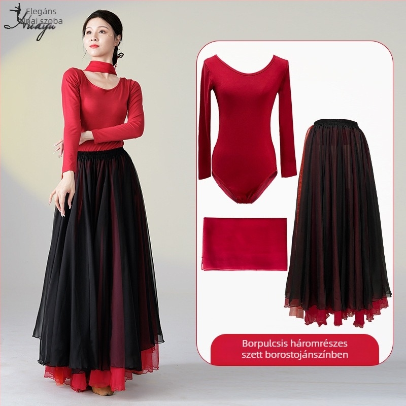 Kínai klasszikus népi tánc gyakorló kosztüm, hosszú lebegő ruha szett, Modal + Tencel Wrinkle szövet, 30% pamut