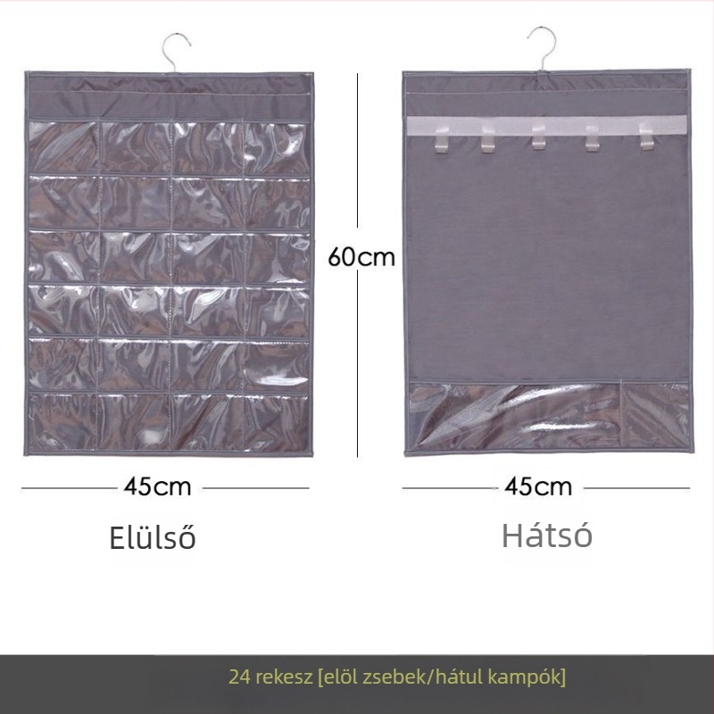 Ékszertartó kiállító polc átlátszó függő tároló táskával, falra szerelhető, nagy kapacitás, porálló, anyag: papír