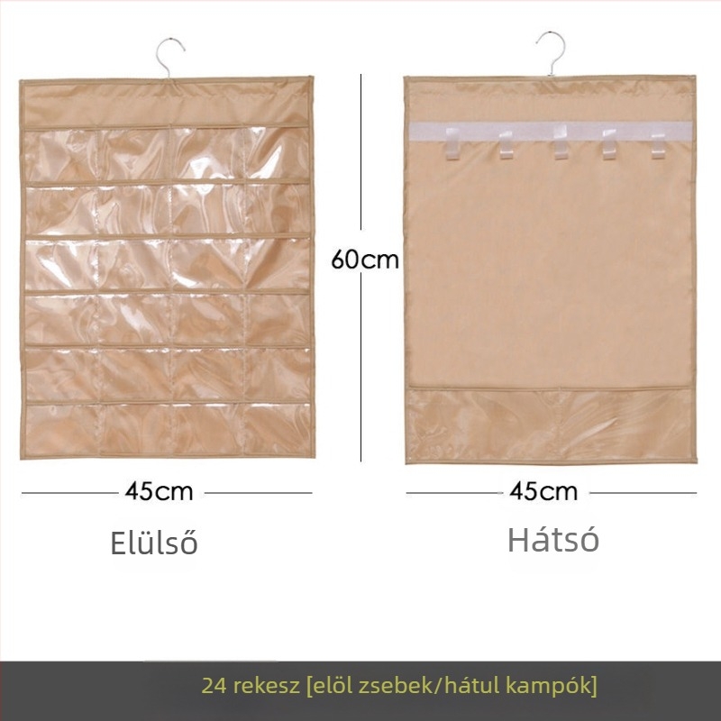 Ékszertartó kiállító polc átlátszó függő tároló táskával, falra szerelhető, nagy kapacitás, porálló, anyag: papír