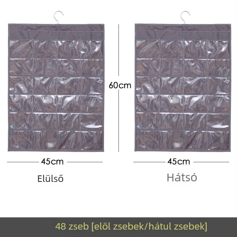 Ékszertartó kiállító polc átlátszó függő tároló táskával, falra szerelhető, nagy kapacitás, porálló, anyag: papír