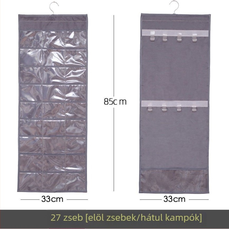Ékszertartó kiállító polc átlátszó függő tároló táskával, falra szerelhető, nagy kapacitás, porálló, anyag: papír