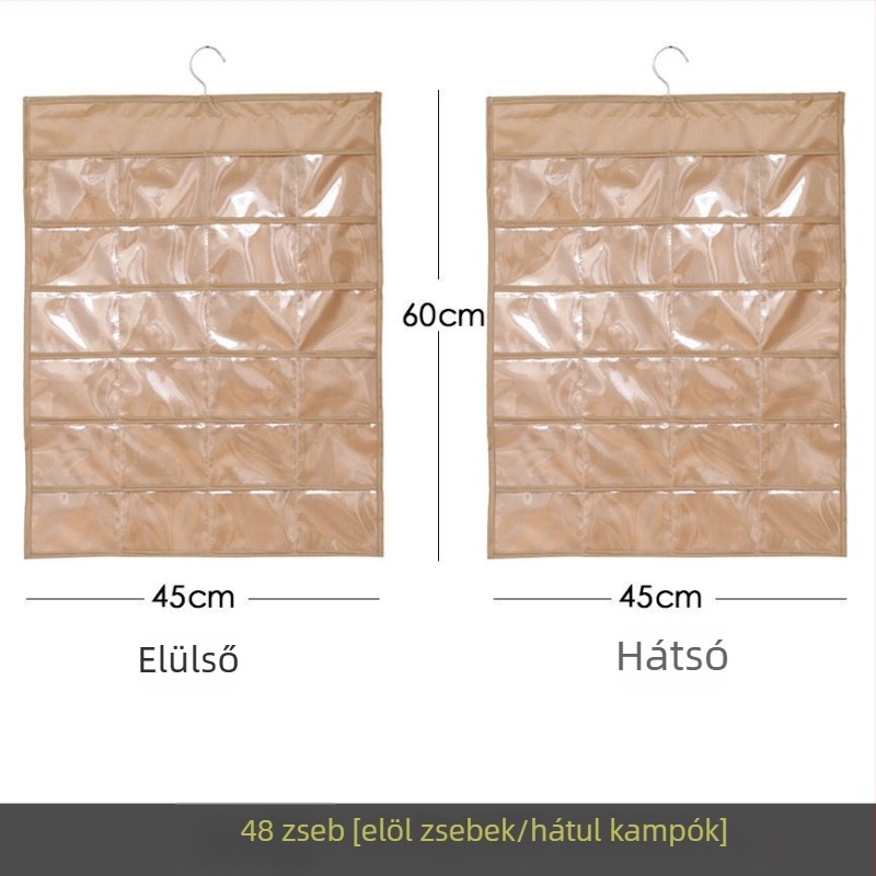 Ékszertartó kiállító polc átlátszó függő tároló táskával, falra szerelhető, nagy kapacitás, porálló, anyag: papír