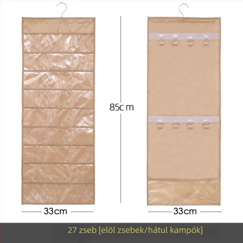 Ékszertartó kiállító polc átlátszó függő tároló táskával, falra szerelhető, nagy kapacitás, porálló, anyag: papír