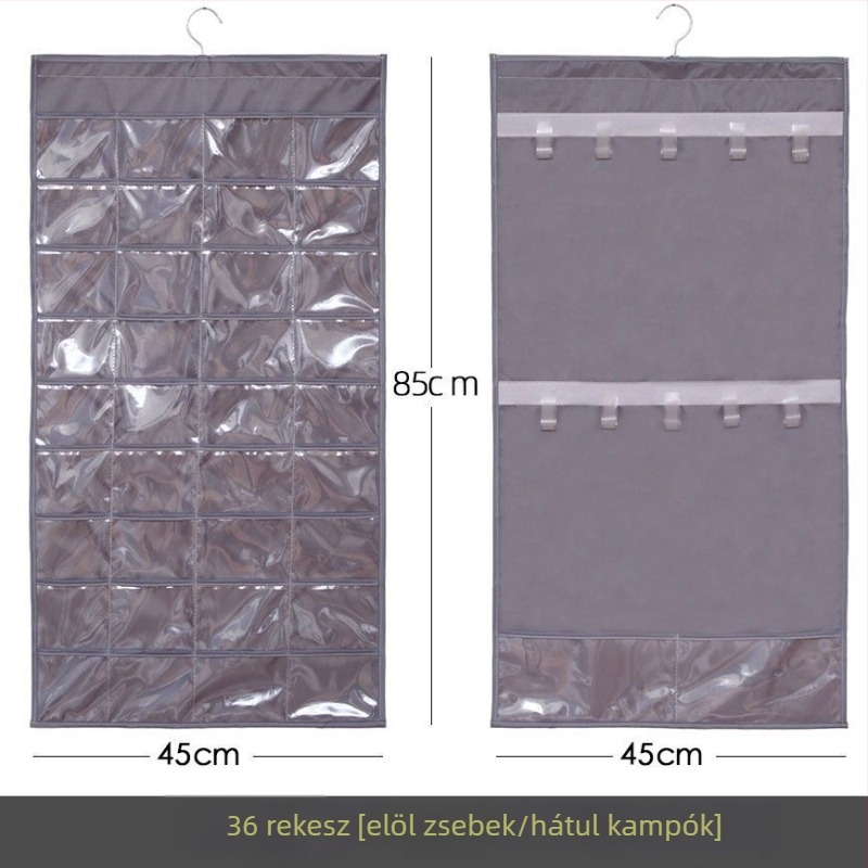 Ékszertartó kiállító polc átlátszó függő tároló táskával, falra szerelhető, nagy kapacitás, porálló, anyag: papír