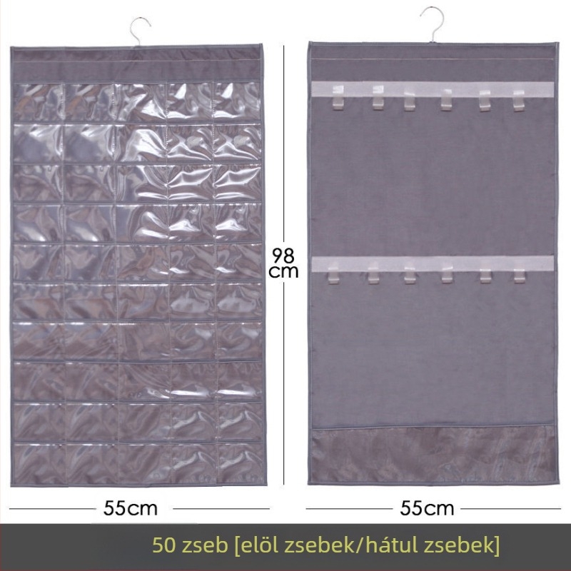 Ékszertartó kiállító polc átlátszó függő tároló táskával, falra szerelhető, nagy kapacitás, porálló, anyag: papír