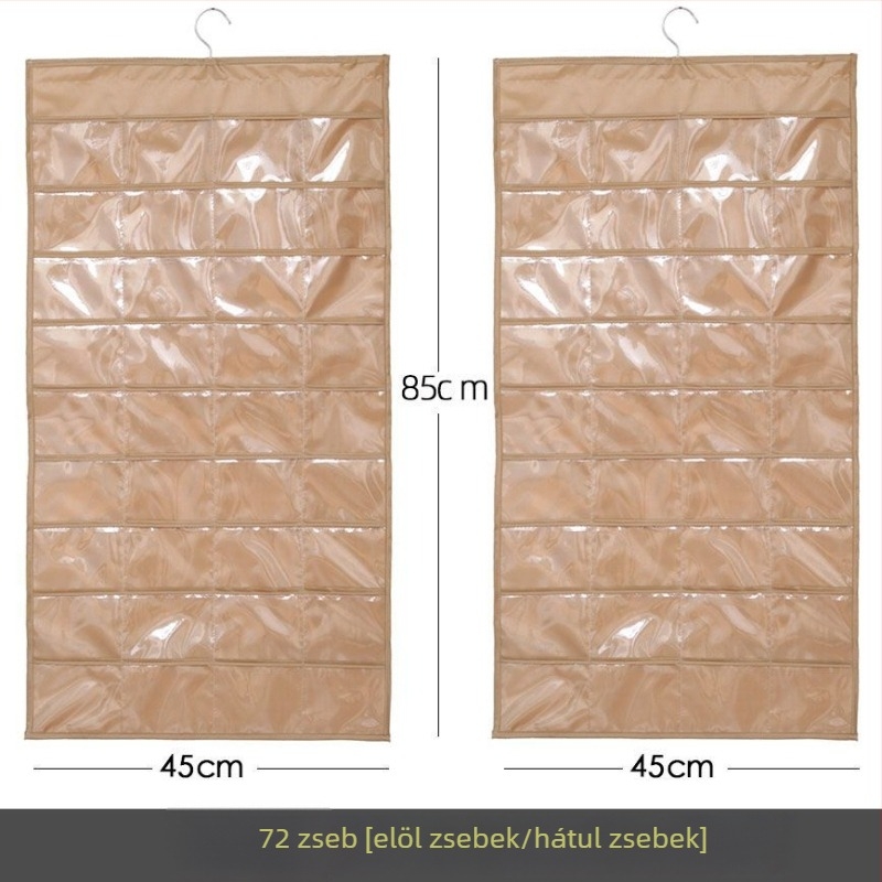 Ékszertartó kiállító polc átlátszó függő tároló táskával, falra szerelhető, nagy kapacitás, porálló, anyag: papír