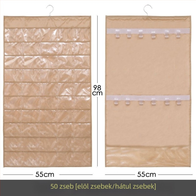 Ékszertartó kiállító polc átlátszó függő tároló táskával, falra szerelhető, nagy kapacitás, porálló, anyag: papír