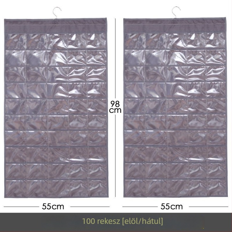 Ékszertartó kiállító polc átlátszó függő tároló táskával, falra szerelhető, nagy kapacitás, porálló, anyag: papír