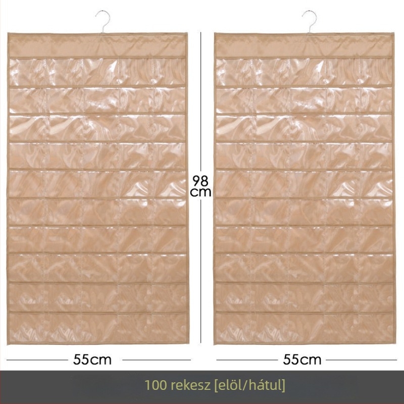 Ékszertartó kiállító polc átlátszó függő tároló táskával, falra szerelhető, nagy kapacitás, porálló, anyag: papír