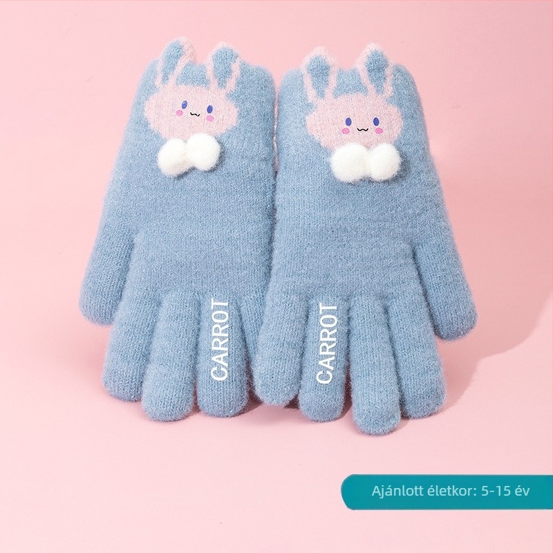 Gyerek téli kesztyű lányoknak — meleg fleece-béléses, jacquard mintázat, ötujjas, elasztikus csuklórész, 4–8 éveseknek