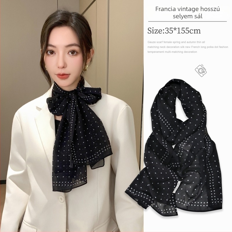 Koreai stílusú pöttyös chiffon sál, könnyű fej- és nyakvédő kendő, sima szövés, 100% poliészter, középhosszú bohem retro stílus