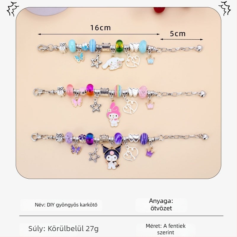 Kézzel készített kristálygyöngyös karkötő ötvözetből Kuromi figurával - DIY stílus, ajándék lányoknak