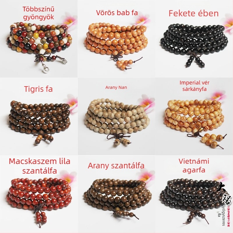108 gyöngyös buddhista mala, ebonfa és rózsafa gyöngyökkel, 6 mm vagy 8 mm