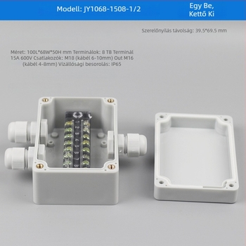 Műanyag kültéri vízálló csatlakozódoboz terminállal, kábel behúzásához, szerelési fülekkel, ABS