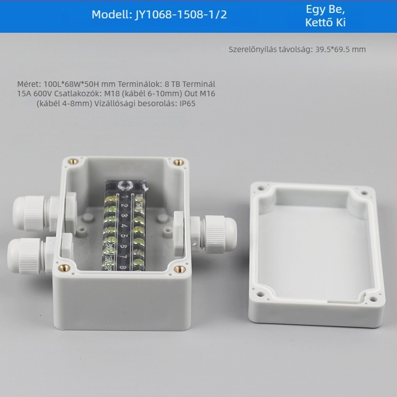 Műanyag kültéri vízálló csatlakozódoboz terminállal, kábel behúzásához, szerelési fülekkel, ABS