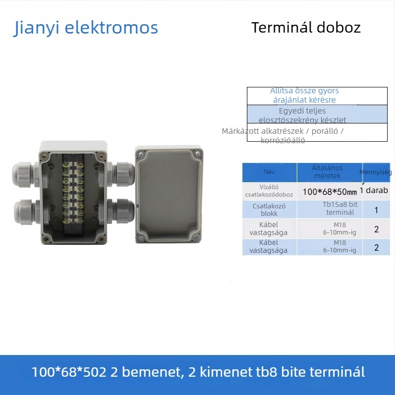 Műanyag kültéri vízálló csatlakozódoboz terminállal, kábel behúzásához, szerelési fülekkel, ABS